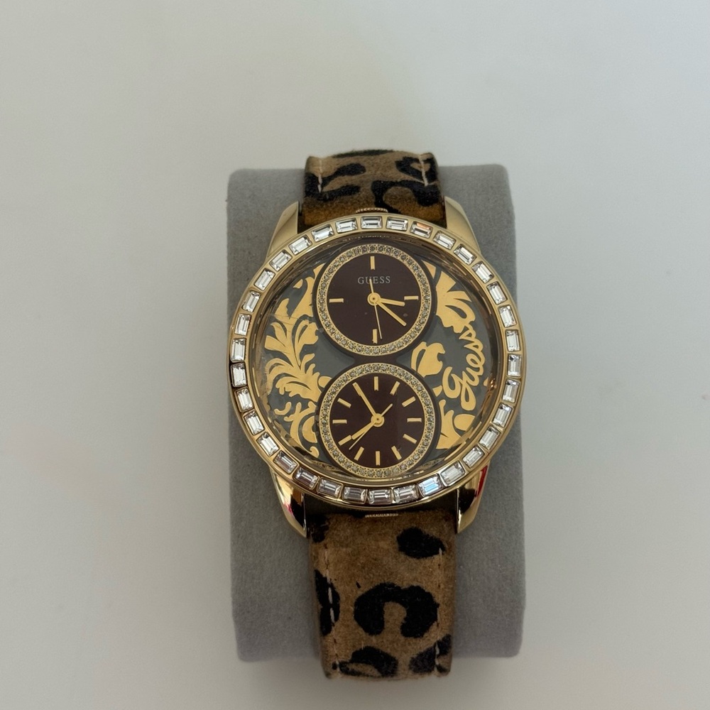 Guess Women Gold and Brown Leopard Print Watch
